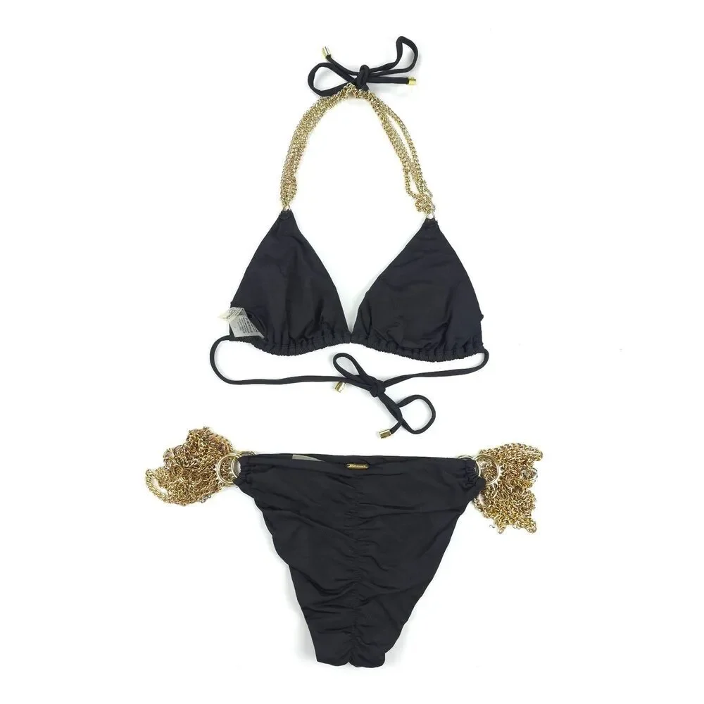 BEACH BUNNY Ball & Chain Triangle Bikini Top Ruched Chain Bottom Set 90s Y2k